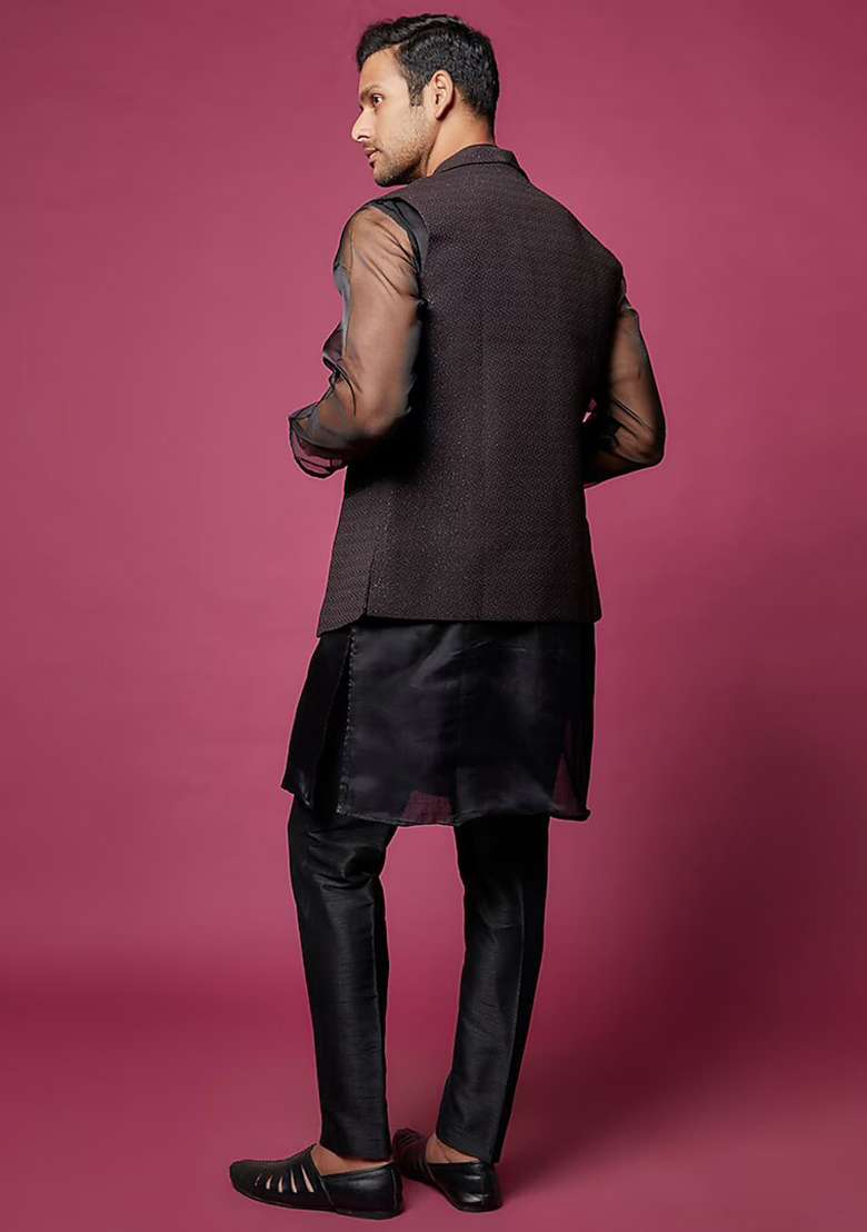 Black Organza Jacket And Kurta Set For Men - Indya