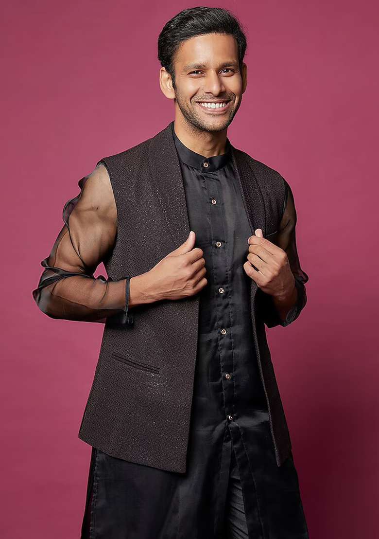 Black Organza Jacket And Kurta Set For Men - Indya