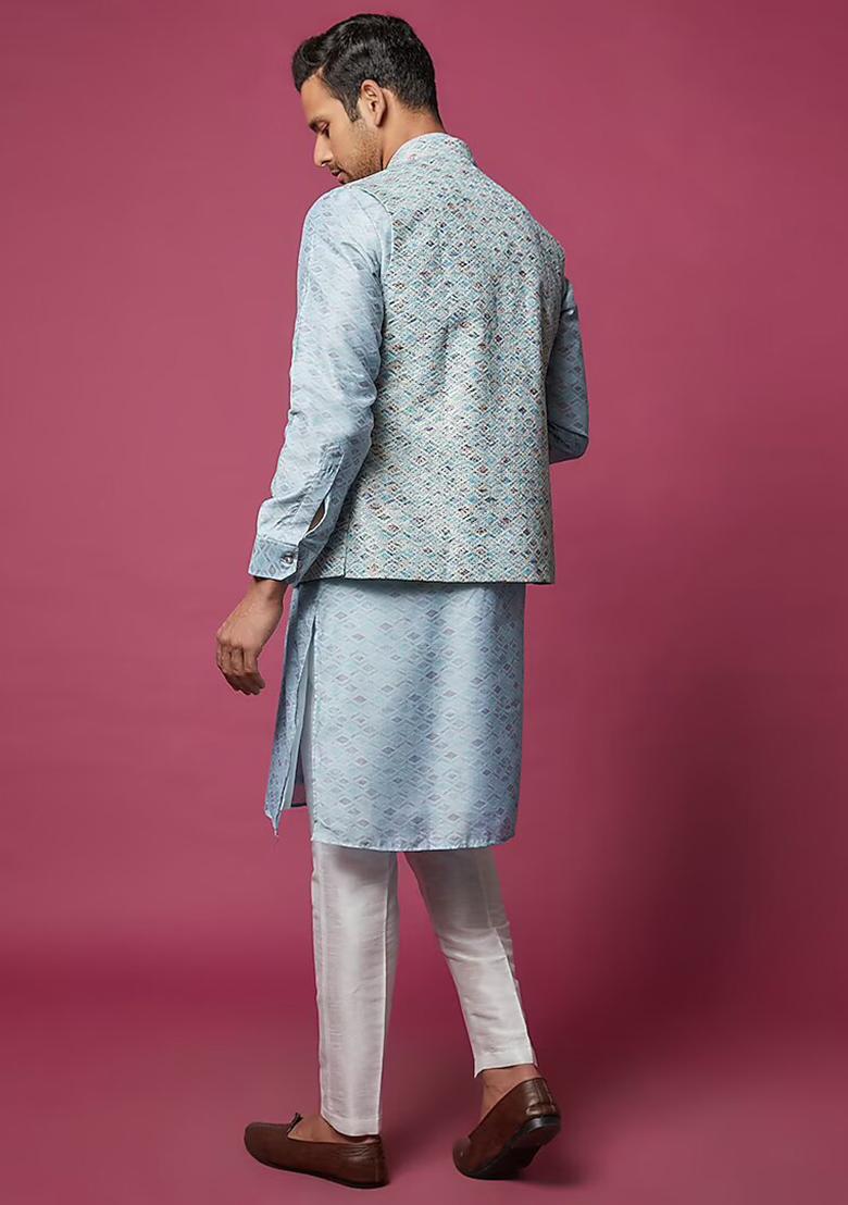 Sky Blue Block Print Jacket And Kurta Set For Men