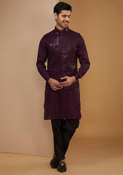 Wine Sequin Embroidered Jacket And Kurta Set For Men