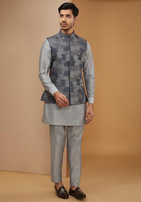 Royal Blue And Grey Geometric Embroidered Jacket And Kurta Set For Men