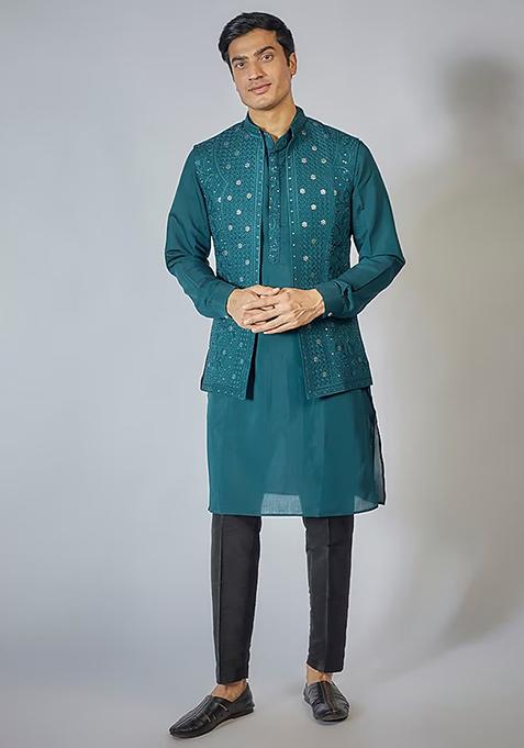 Navy Blue Sequin Thread Embroidered Jacket And Kurta Set For Men