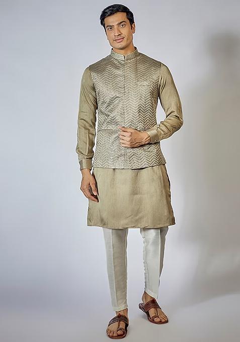 Sage Green Thread Embroidered Jacket And Kurta Set For Men