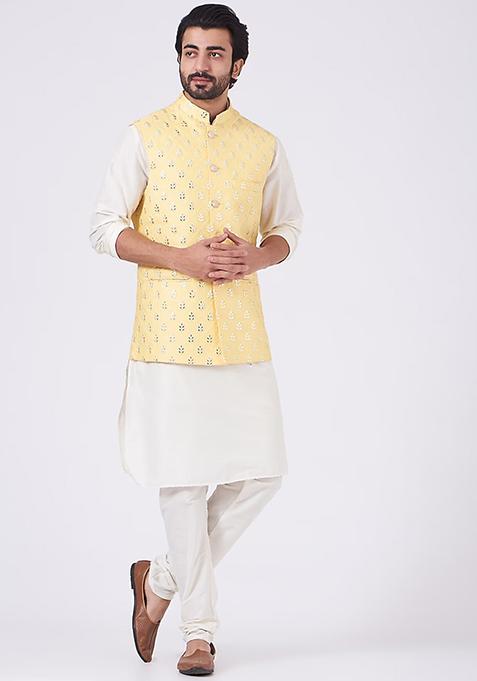 Yellow And White Gota Embroidered Nehru Jacket And Kurta Set For Men