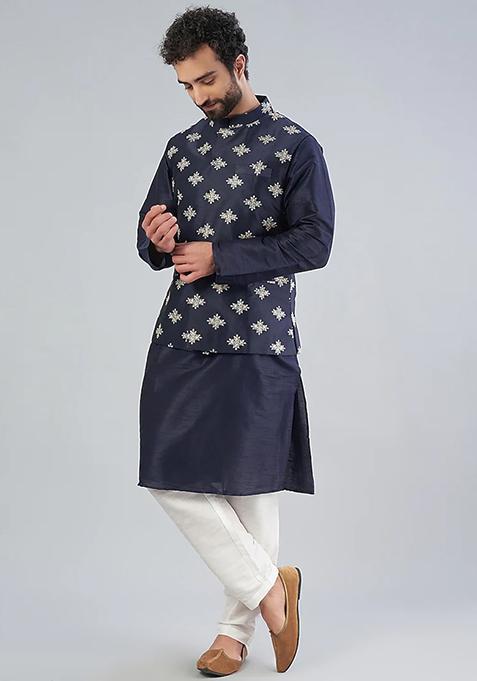 Royal Blue Embroidered Bundi Jacket And Kurta Set For Men
