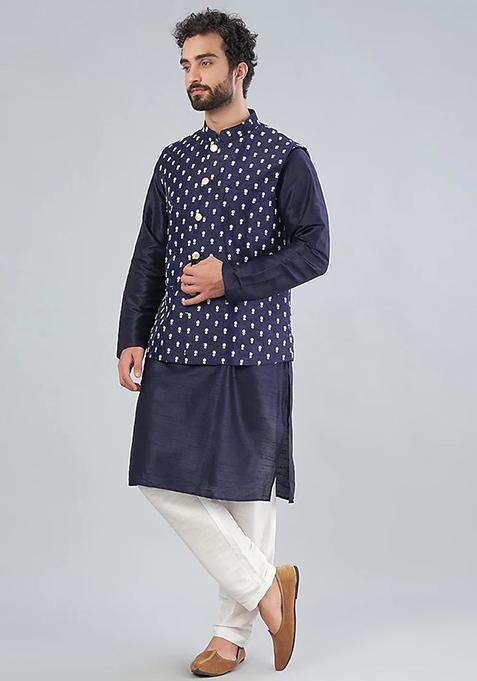 Royal Blue Zari Embroidered Bundi Jacket And Kurta Set For Men