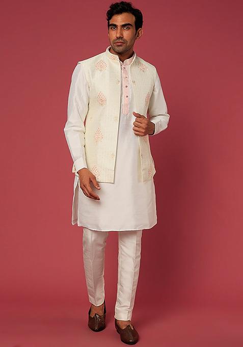 Cream And Peach Embroidered Jacket And Kurta Set For Men