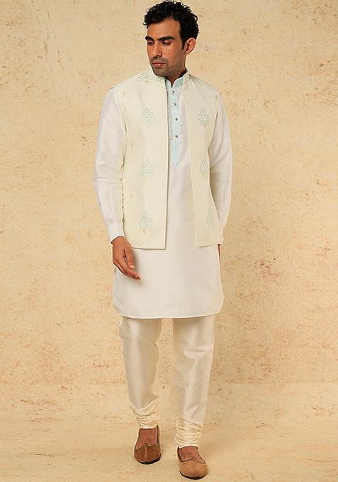 Cream And Turquoise Embroidered Jacket And Kurta Set For Men