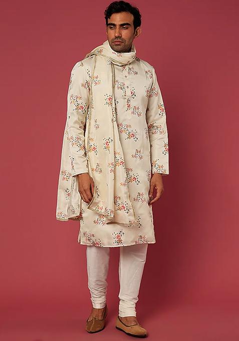 Off White Floral Embroidered Kurta Set With Dupatta For Men