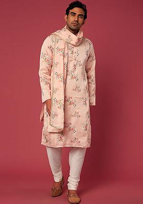 Blush Pink Floral Embroidered Kurta Set With Dupatta For Men