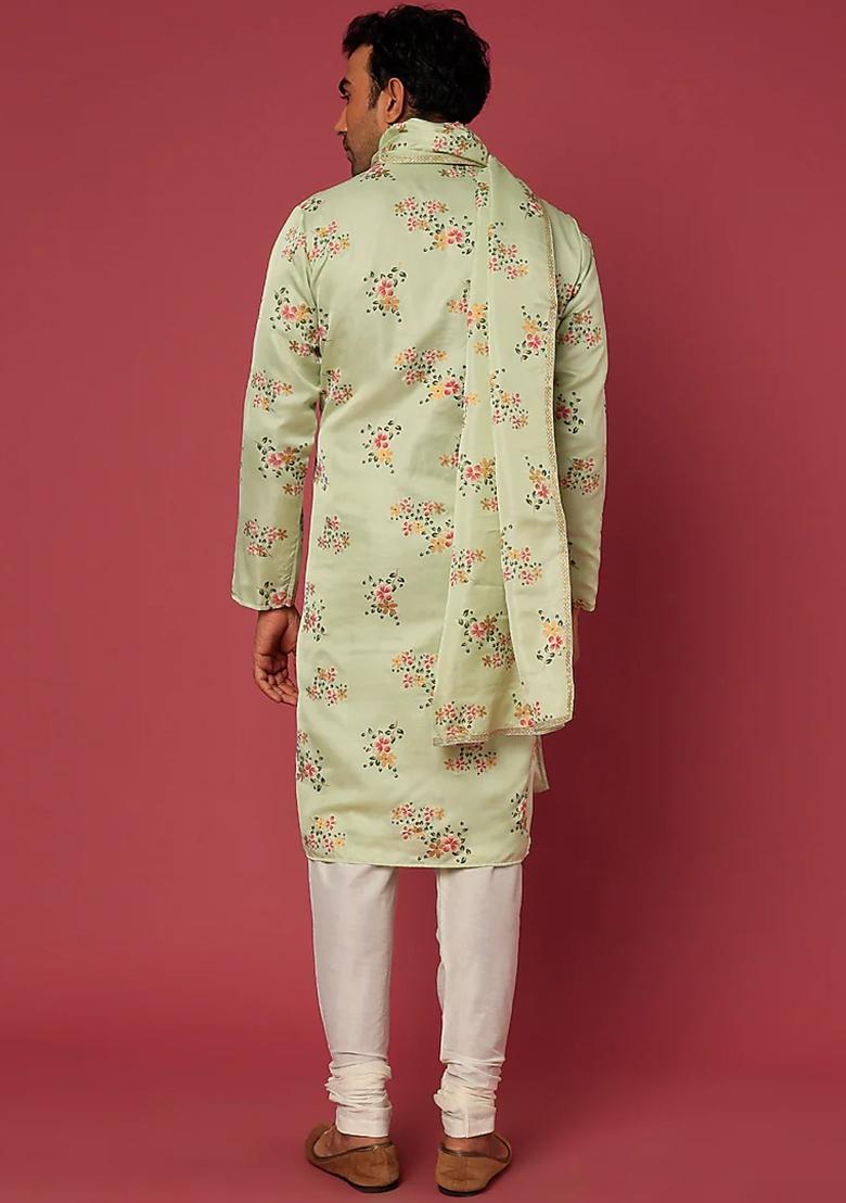 Pista Green Floral Embroidered Kurta Set With Dupatta For Men