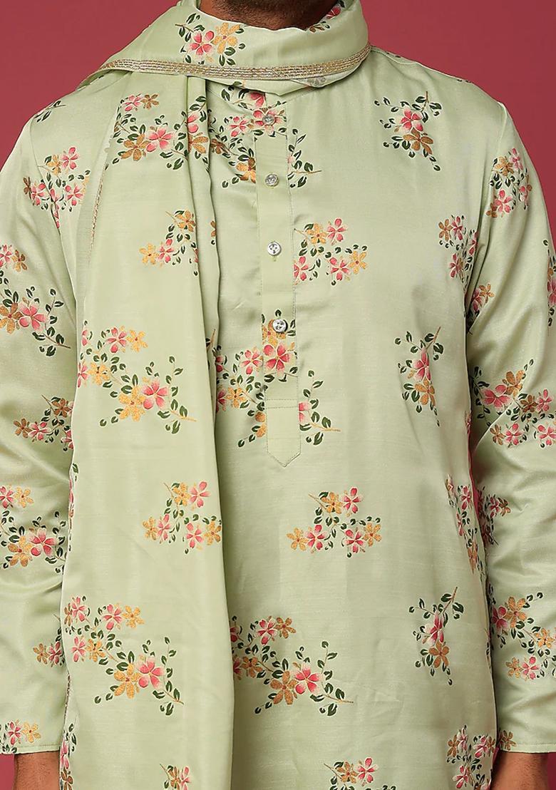 Pista Green Floral Embroidered Kurta Set With Dupatta For Men