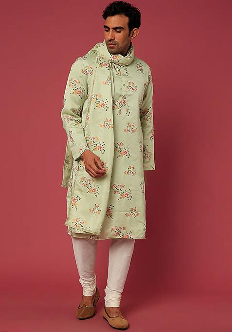 Pista Green Floral Embroidered Kurta Set With Dupatta For Men