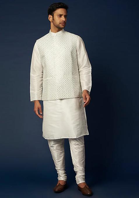 Off White Sequin Embroidered Jacket And Kurta Set For Men