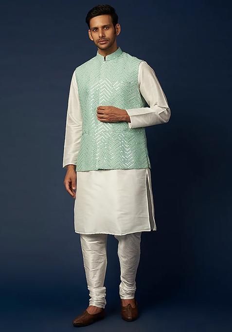 Mint Blue And White Embroidered Jacket And Kurta Set For Men