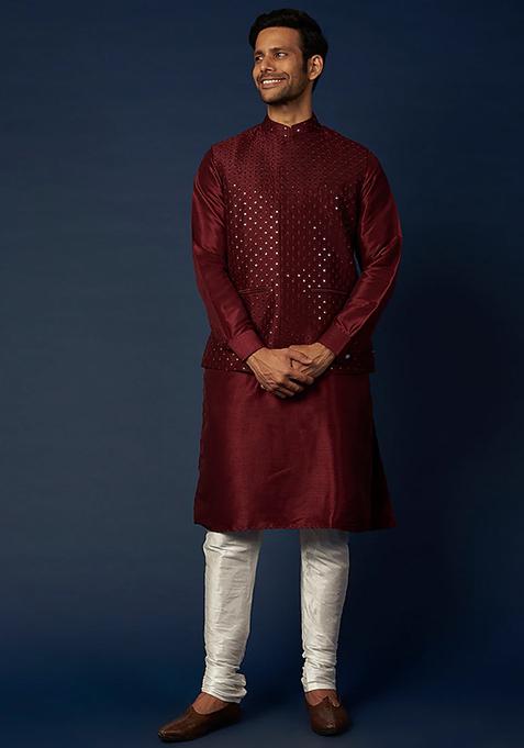 Wine Thread Embroidered Jacket And Kurta Set For Men