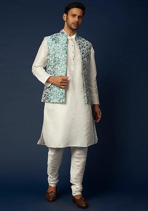Teal Blue And White Floral Print Jacket And Kurta Set For Men