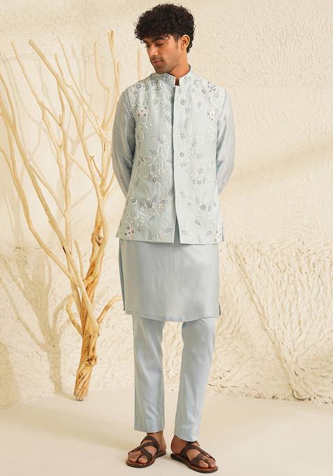 Powder Blue Hand Embroidered Nehru Jacket And Kurta Set For Men