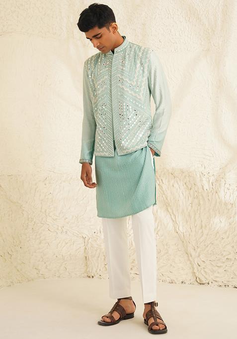 Blue Mirror Thread Embroidered Nehru Jacket And Kurta Set For Men