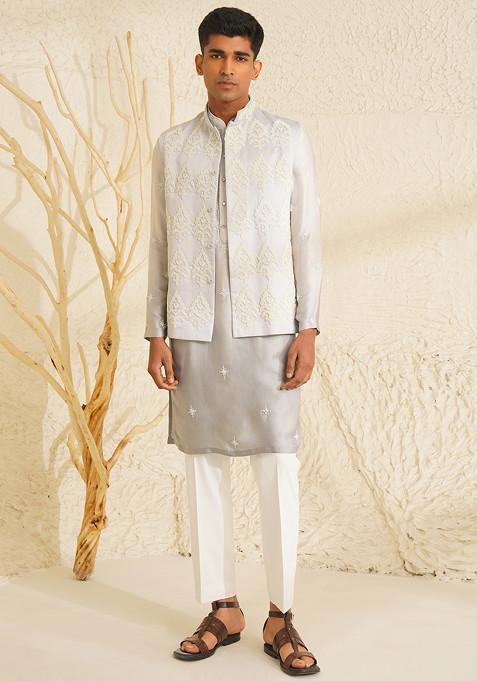 Grey Hand Embroidered Nehru Jacket And Kurta Set For Men