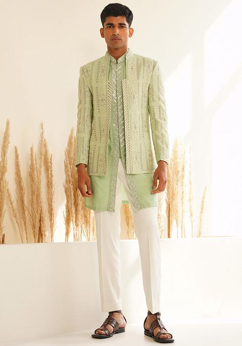 Pista Green Hand Embroidered Jacket And Kurta Set For Men