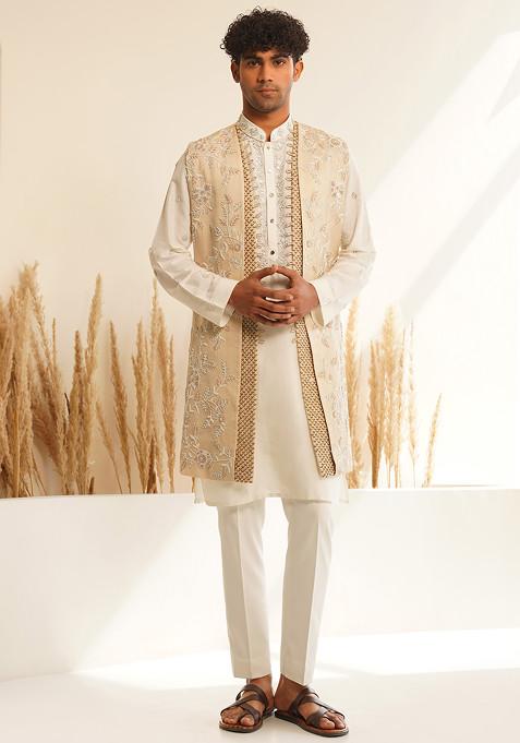 Beige And White Hand Embroidered Jacket And Kurta Set For Men