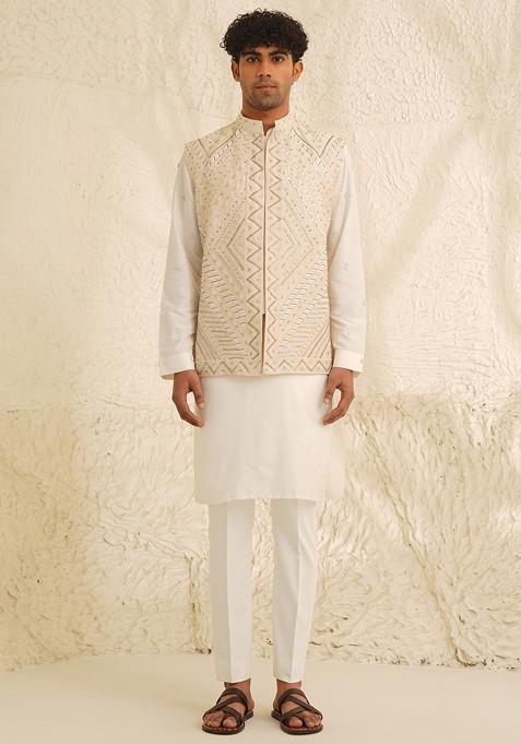 Off White Hand Embroidered Nehru Jacket And Kurta Set For Men