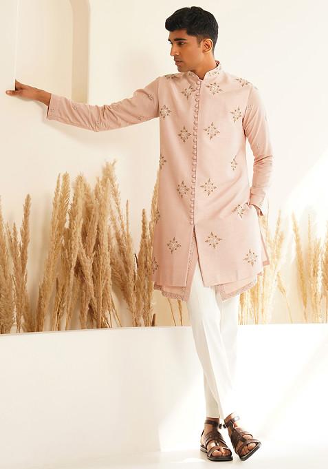 Powder Pink Hand Embroidered Jacket And Kurta Set For Men