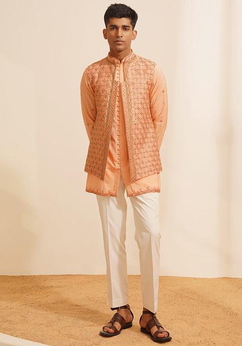 Peach Hand Embroidered Jacket And Kurta Set For Men