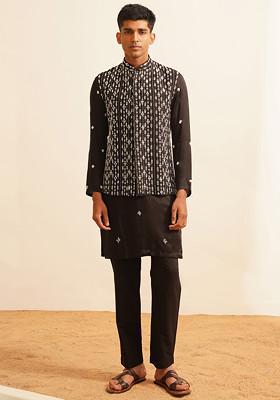 Black Hand Embroidered Nehru Jacket And Kurta Set For Men