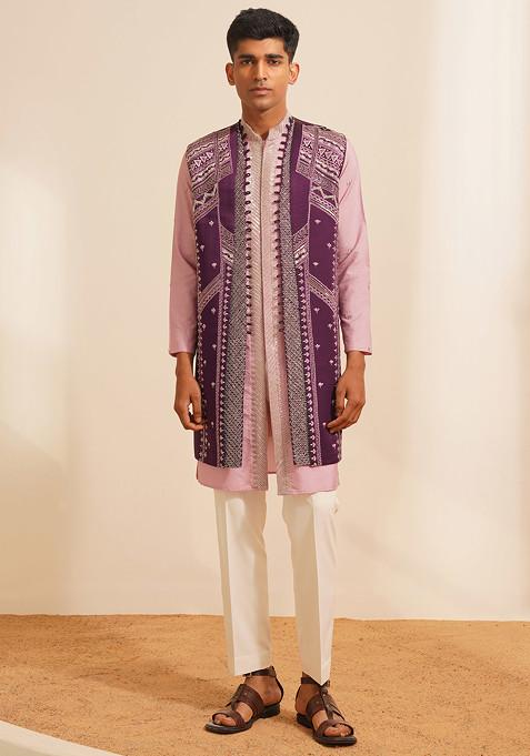 Purple Hand Embroidered Silk Jacket And Kurta Set For Men