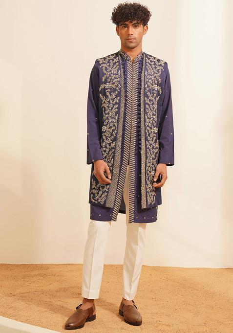 Navy Blue Hand Embroidered Jacket And Kurta Set For Men