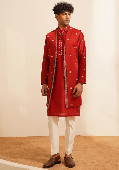 Red Hand Embroidered Jacket And Kurta Set For Men