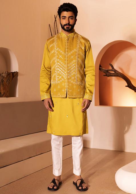 Yellow Hand Embroidered Nehru Jacket For Men