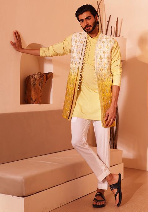 Yellow Sequin Embroidered Ombre Jacket And Kurta Set For Men