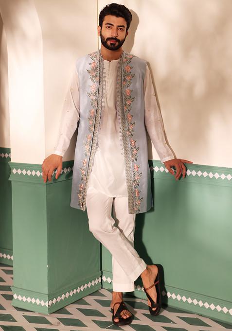 Powder Blue And Ivory Thread Embroidered Jacket And Kurta Set For Men