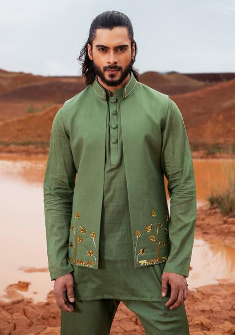 Deep Green Cut Pipe Embellished Vegan Silk Bundi Jacket Set For Men