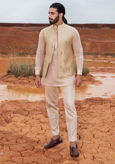 Khaki Cut Pipe Embellished Bundi Jacket Set For Men