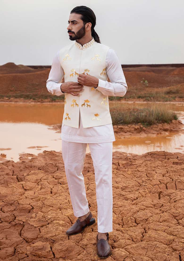 Ivory Hand Embroidered Bundi Jacket Set For Men - Indya