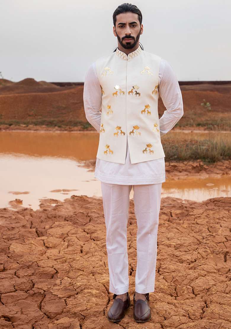 Ivory Hand Embroidered Bundi Jacket Set For Men - Indya