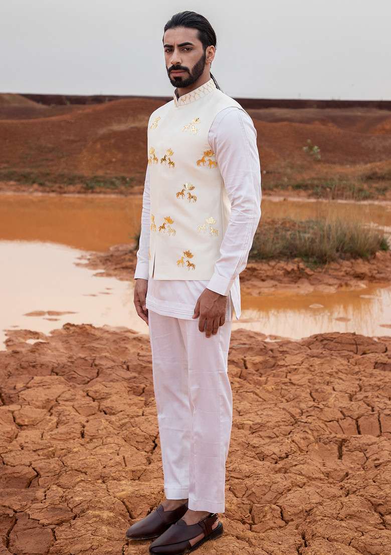 Ivory Hand Embroidered Bundi Jacket Set For Men - Indya