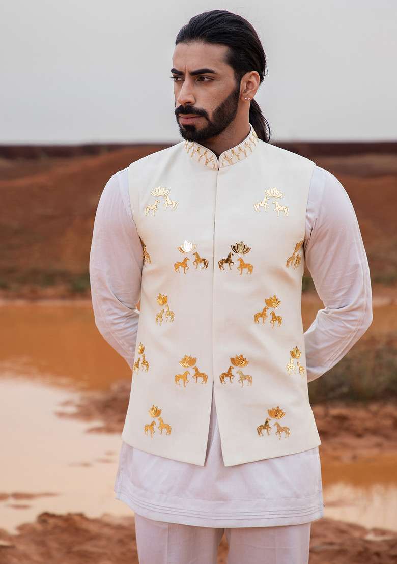Ivory Hand Embroidered Bundi Jacket Set For Men - Indya