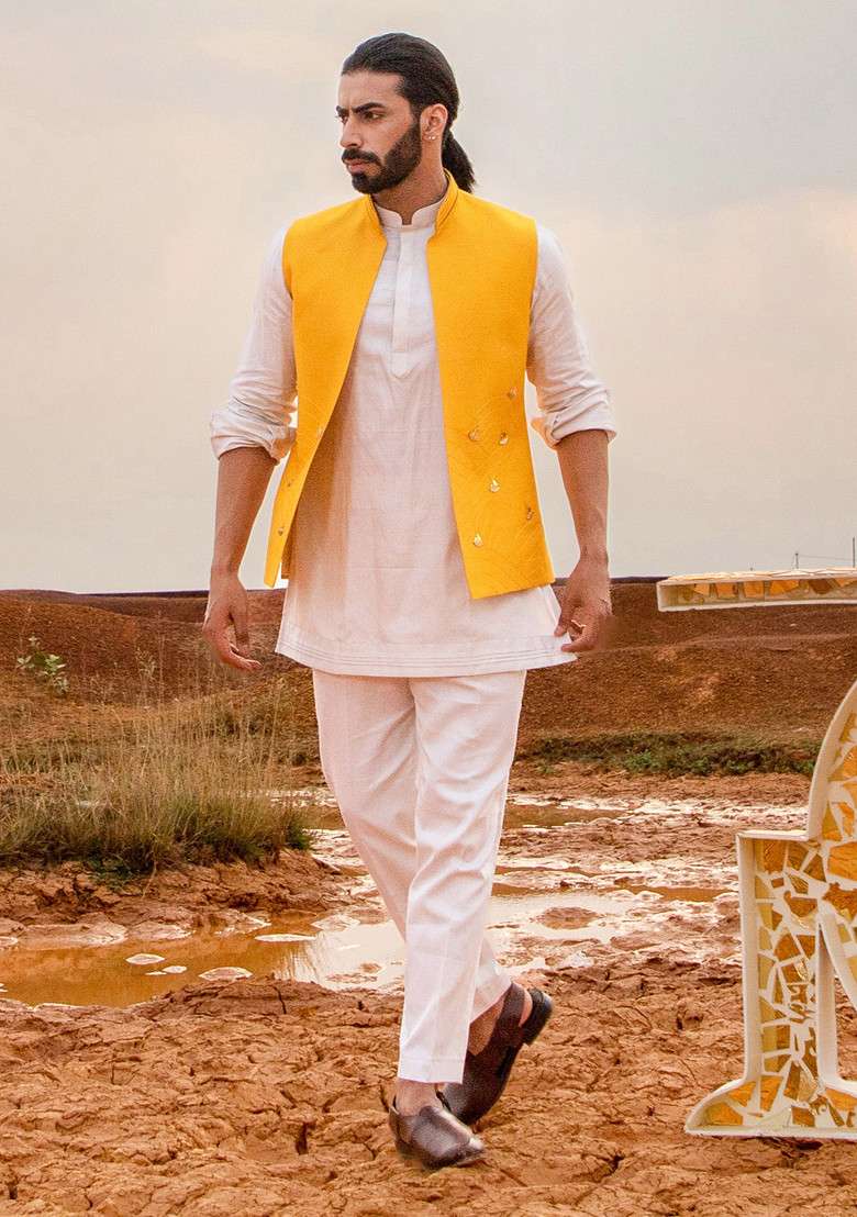 Yellow And Pink Hand Embroidered Boat Bundi Jacket Set For Men - Indya