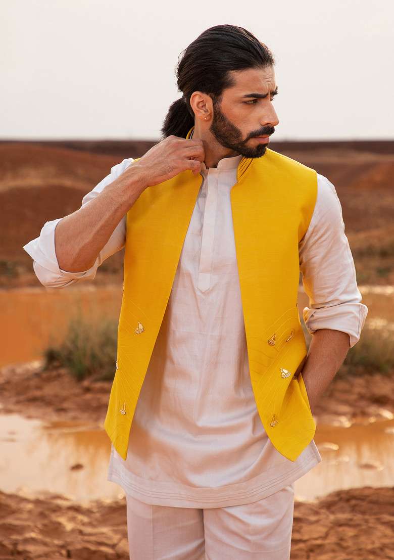 Yellow And Pink Hand Embroidered Boat Bundi Jacket Set For Men - Indya