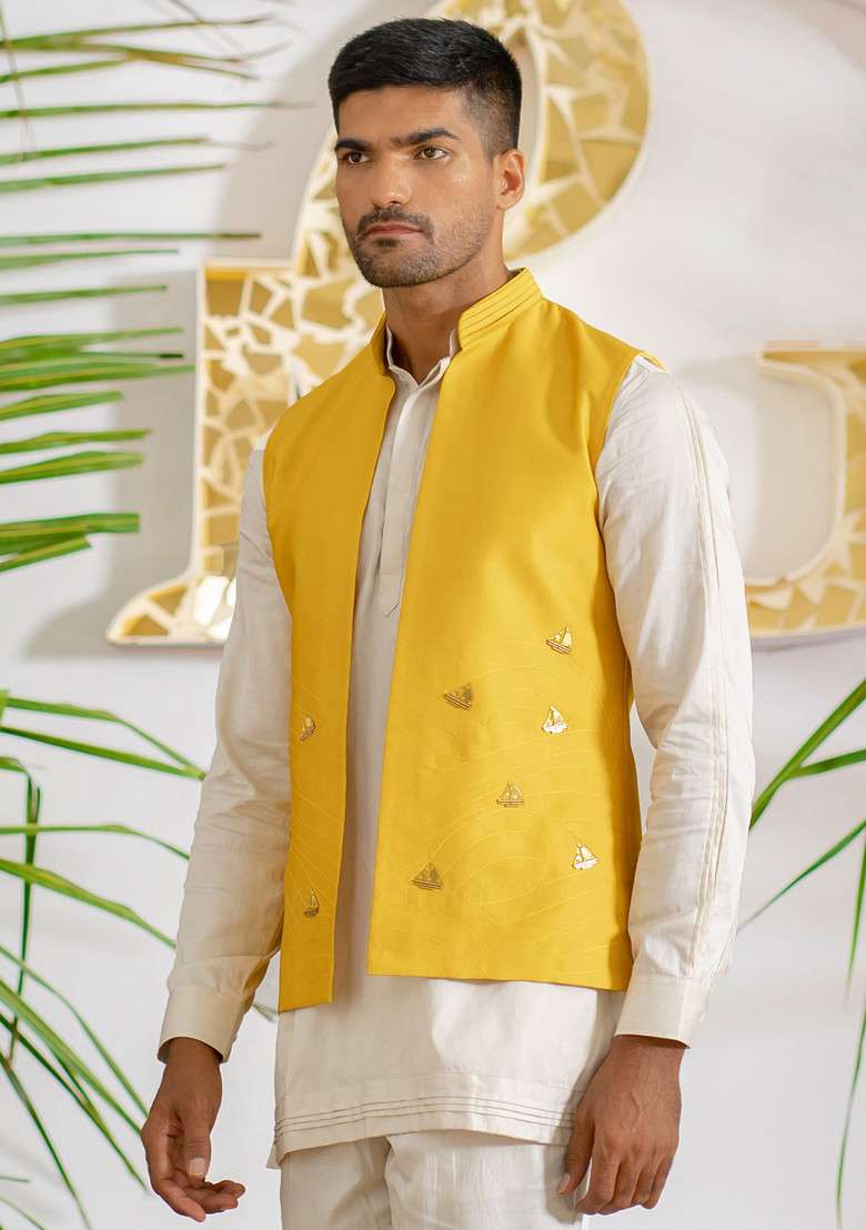 Yellow And Pink Hand Embroidered Boat Bundi Jacket Set For Men - Indya