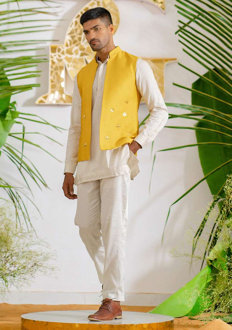 Yellow And Pink Hand Embroidered Boat Bundi Jacket Set For Men - Indya