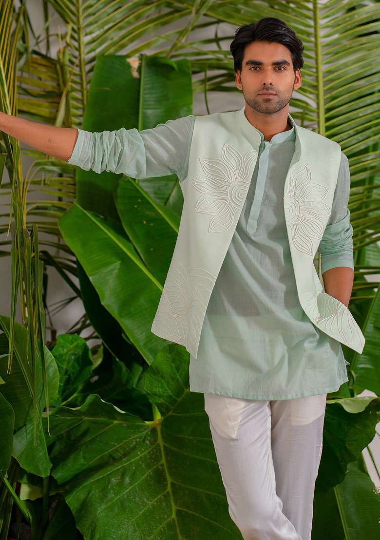Blue Hand Embroidered Bloom Bundi Jacket Set For Men - Indya