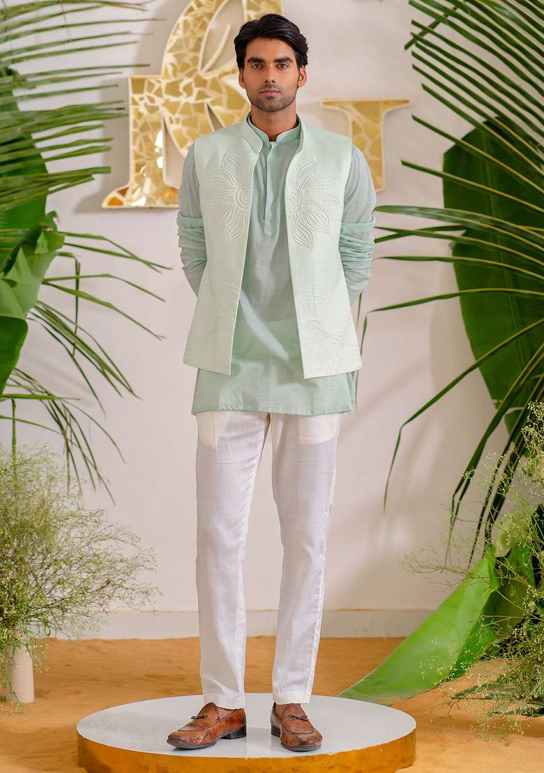 Blue Hand Embroidered Bloom Bundi Jacket Set For Men - Indya