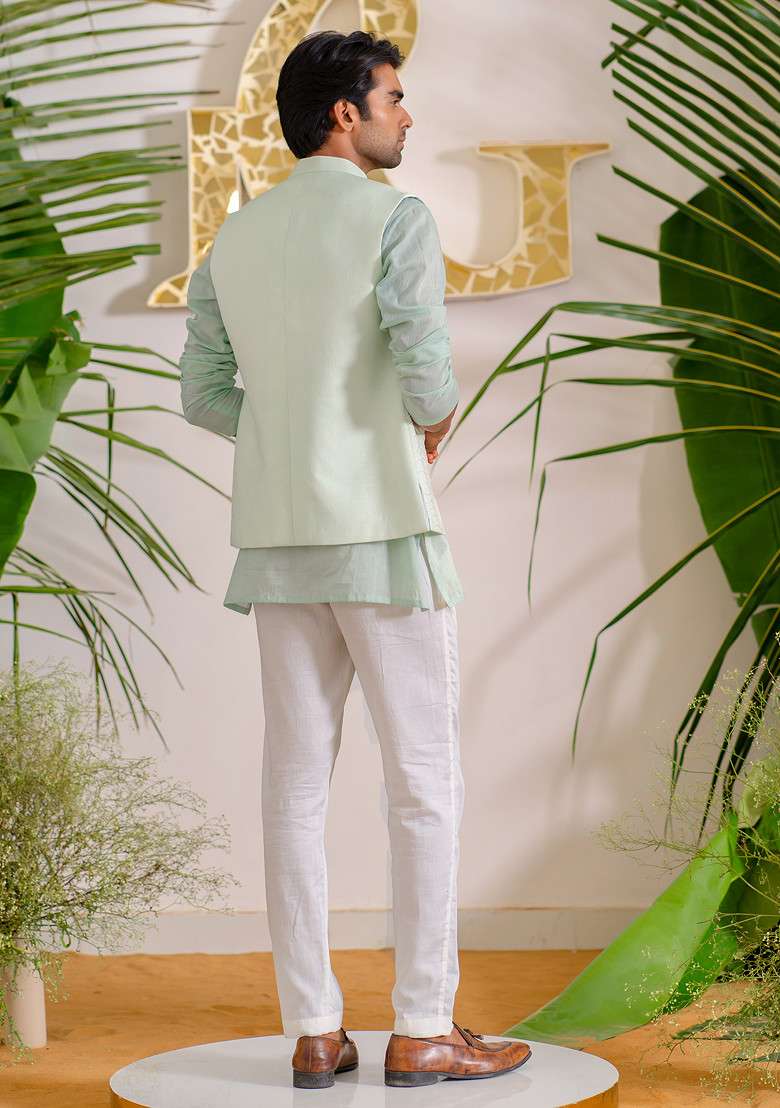 Blue Hand Embroidered Bloom Bundi Jacket Set For Men - Indya