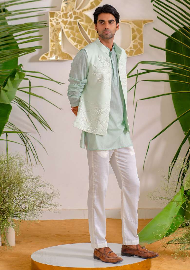 Blue Hand Embroidered Bloom Bundi Jacket Set For Men - Indya